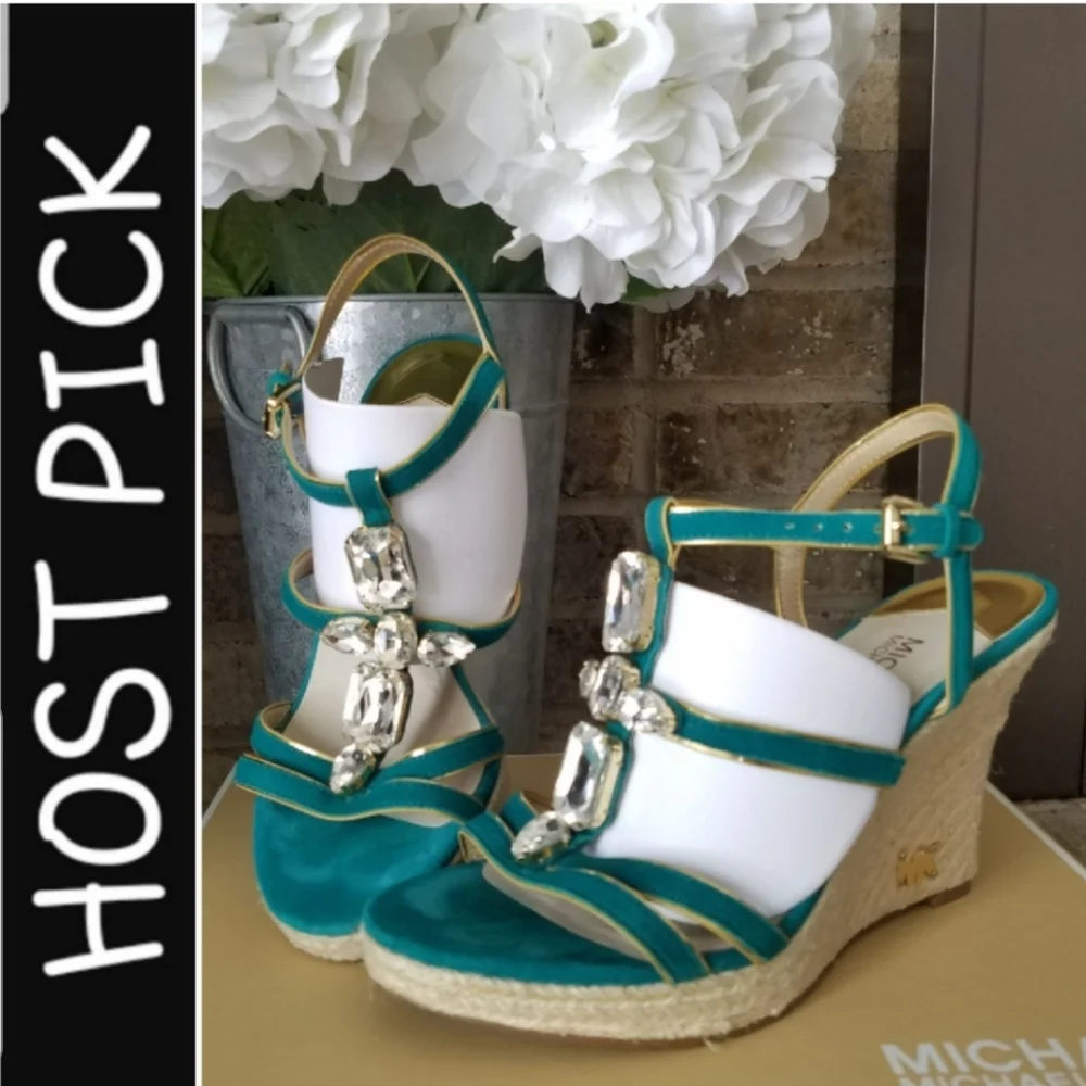 AUTHENTIC Michael Kors Aqua & Gold Suede Espadrille Wedge Sandals - size 7